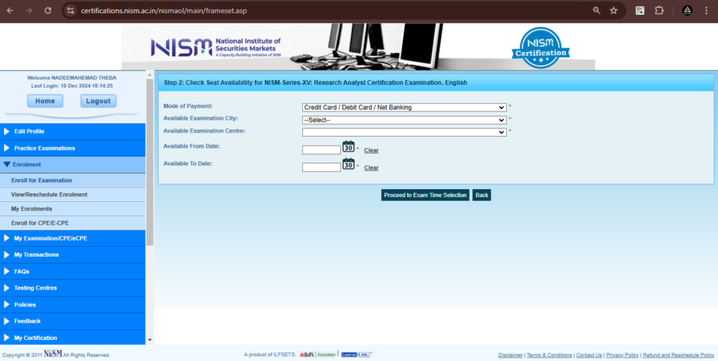 Then, click on the ‘Proceed to Exam Time Selection’ button.