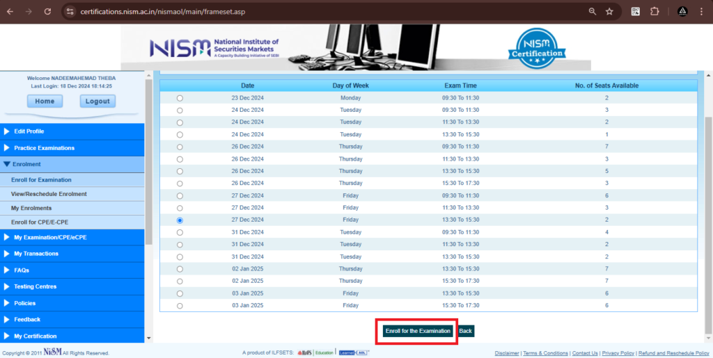 Then, click on the ‘Enroll for Examination’ button.