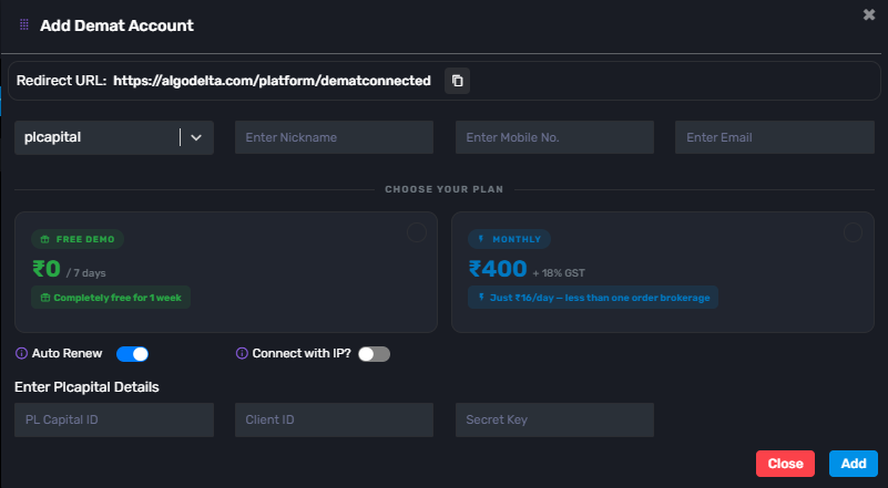 This ensures the PL Capital account is configured correctly for API integration and automated trading setup.